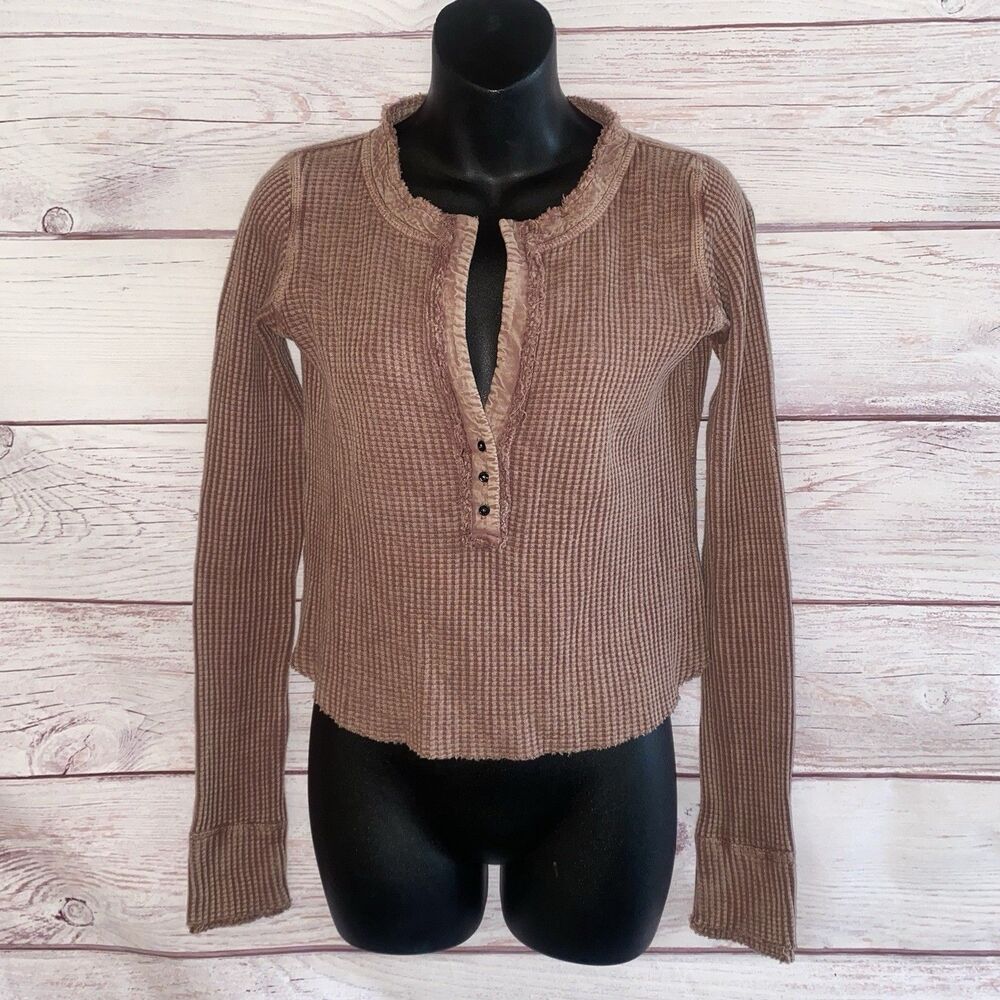 Free People Womens Small Waffle Knit Thermal Top Mauve Long Sleeve Boho Grunge